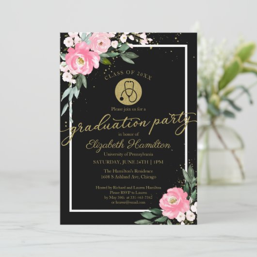 Stethoscoop Nursing School Afstudeerder Party Roze Kaart (Staand voorkant)