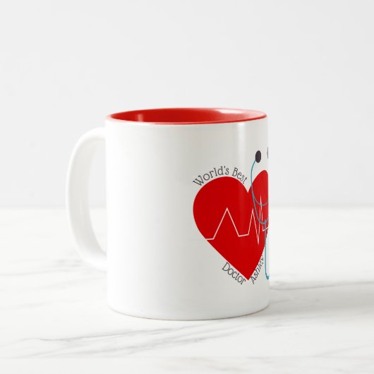 Stethoscoop op maat van beste arts verpleegster te tweekleurige koffiemok (Voorkant links)