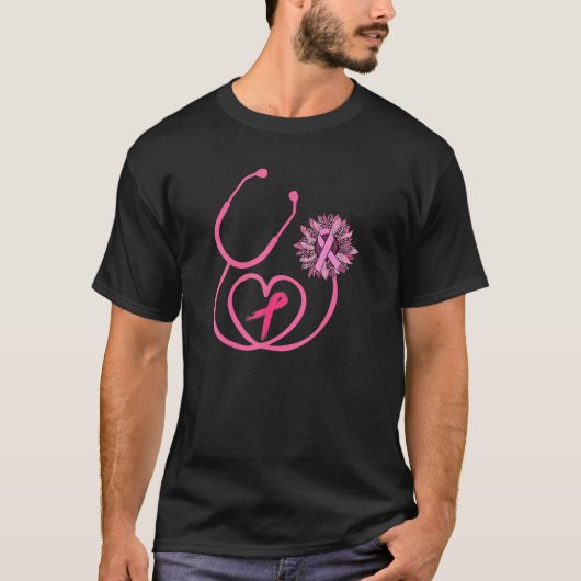 Stethoscoop roze lint borstkankerwaarschuwing Mo T-shirt (Voorkant)
