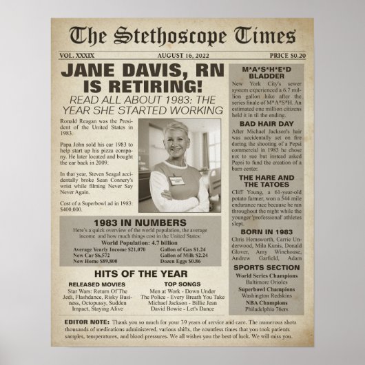 Stethoscoop Times for Nurse Retirement Party 1983 Poster (Voorkant)