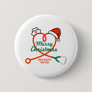 Stethoscoophart met kerstmuts ronde button 5,7 cm