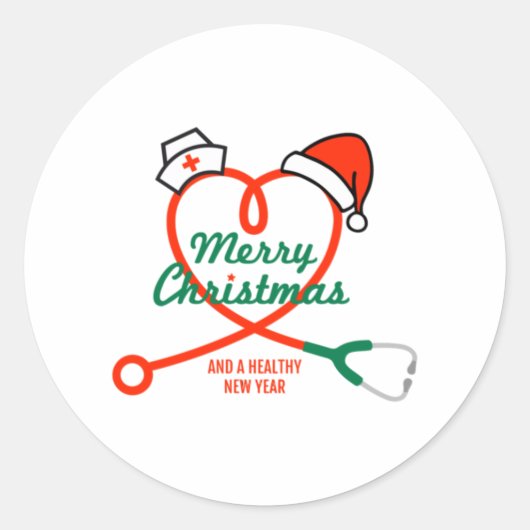 Stethoscoophart met kerstmuts ronde sticker (Voorkant)