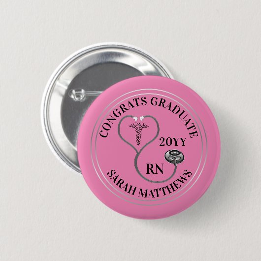 Stethoscope Caduceus RN Congrats Afstuderen - Roze Ronde Button 5,7 Cm (Voorkant /achterkant)