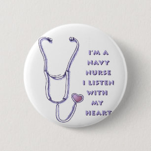 Stethoscope Heart Navy Nurse pin Ronde Button 5,7 Cm