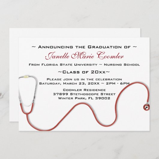 Stethoscope Medical School Afstuderen Uitnodiging (Voorkant / Achterkant)