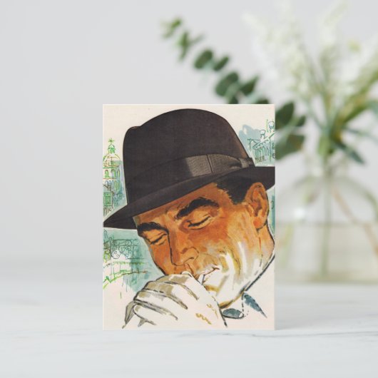 Stetson pet man dat een sigaret verlicht briefkaart (Staand voorkant)