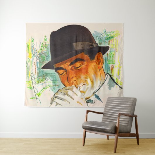 Stetson pet man dat een sigaret verlicht wandkleed (In Situ (horizontaal))