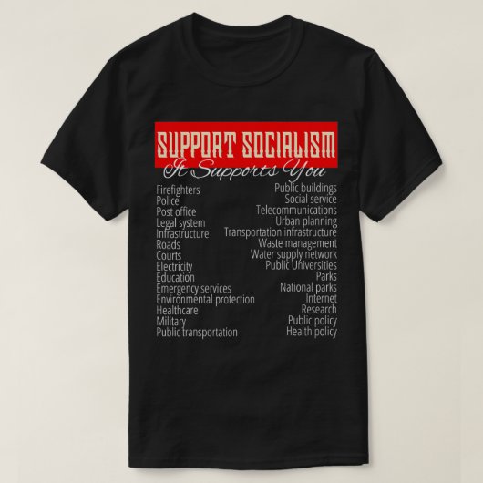 STEUN SOCIALISME, STEUNT IT U openbare diensten T-shirt (Design voorkant)