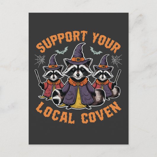 Steun uw lokale Coven Spooky Raccoon Halloween Briefkaart (Voorkant)