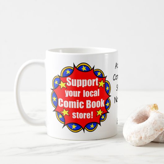 “Steun uw lokale stripwinkel” Logo Mok (Met donut)