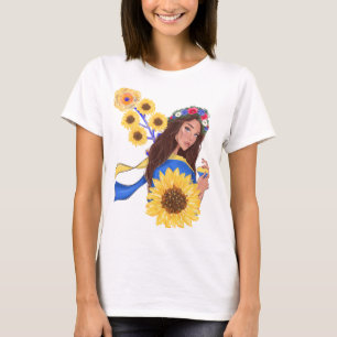 Steun voor de Oekraïense bruine haarvrouw met zonn T-shirt