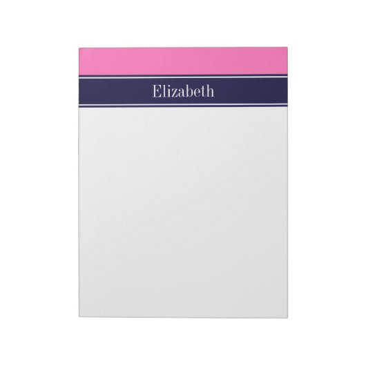 Stevig hete roze #2, Navyblauw lint naam monogram Notitieblok (Linkerzijde)