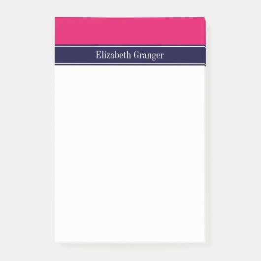 Stevige framboos, lint in marineblauw naammonogram post-it® notes (Voorkant)