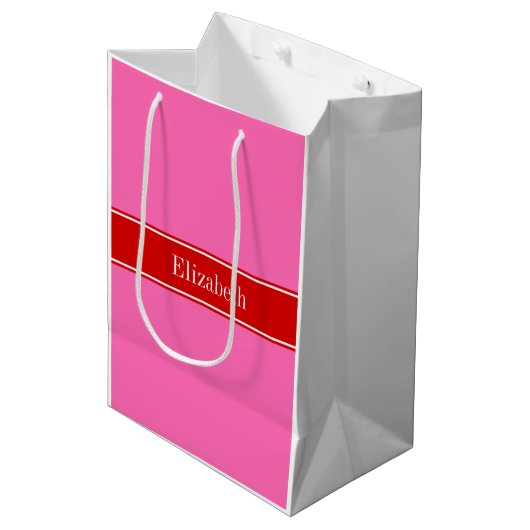 Stevige hete roze #2 Rode strik naammonogram Medium Cadeauzakje (Voorkant Gekanteld)