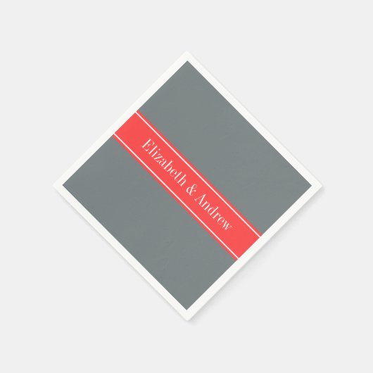 Stevige houtskool grijs koraal rood lint monogram servet (Hoek)