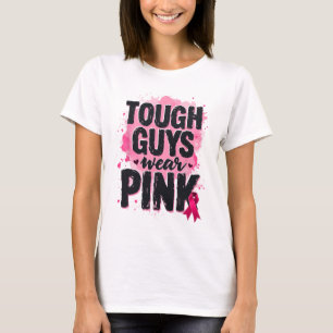 Stevige jongens Draag roze borstkankerwaarschuwing T-shirt