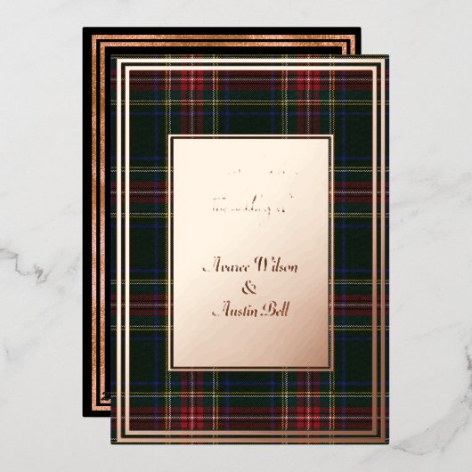 Stewart Black Modern Origineel Tartan Roze Goud Folie Uitnodiging (Voorkant / Achterkant)