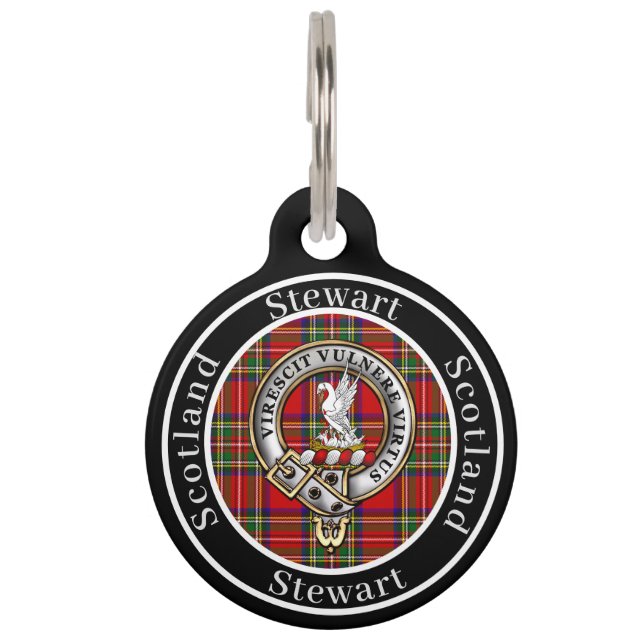 Stewart Clan Badge & Tartan Uitgebreid Huisdierpenning (Voorkant)