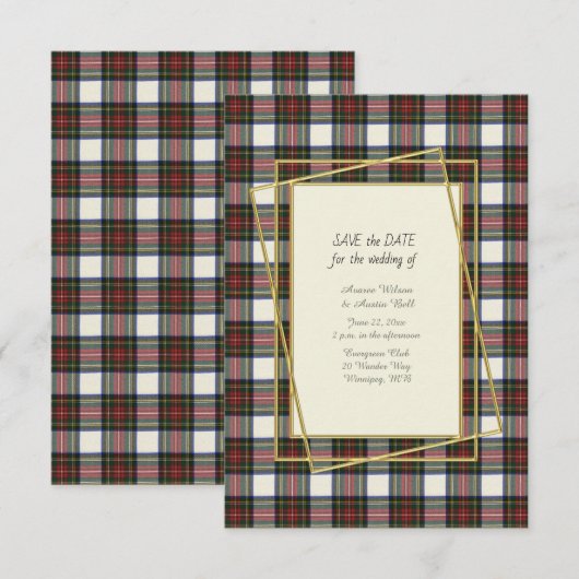 Stewart Dress Modern Tartan Met Gouden Lijst  Save The Date (Voorkant / Achterkant)
