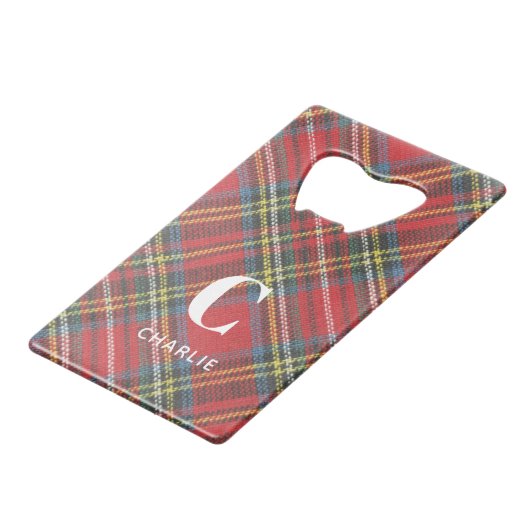 Stewart Tartan Plays Print Creditkaart Flessenopener (Voorkant Gekanteld)