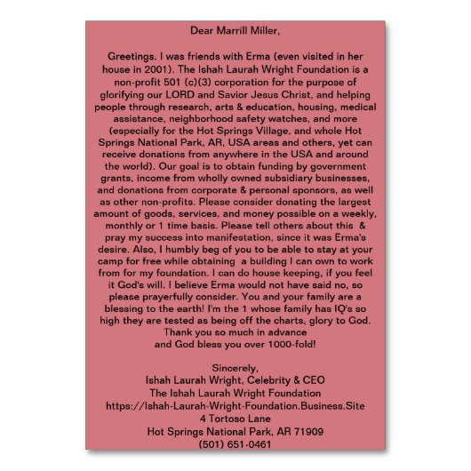 Stichting Ishah Laurah Wright Kaart (Achterkant)