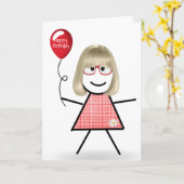 Stick Birthday Gingham Girl met Rode ballon Kaart (Gele Bloem)