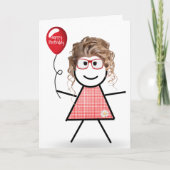 Stick Birthday Gingham Girl met Rode ballon Kaart (Voorkant)