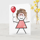 Stick Birthday Gingham Girl met Rode ballon Kaart (Gele Bloem)