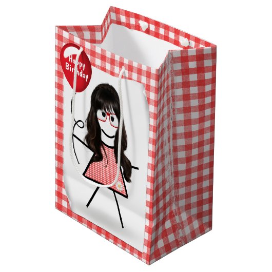 Stick Birthday Gingham Girl met Rode ballon Medium Cadeauzakje (Voorkant Gekanteld)