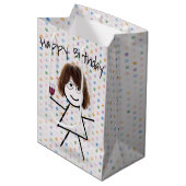 Stick Birthday Girl met wijnglas Medium Cadeauzakje (Voorkant Gekanteld)