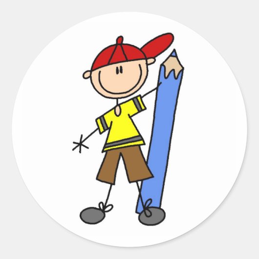 Stick Boy met potlood Ronde Sticker (Voorkant)