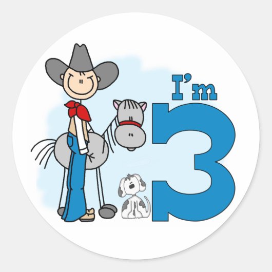 Stick Cowboy 3rd Birthday Ronde Sticker (Voorkant)