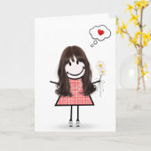 Stick Figure Girl Gingham Jurk Denken aan jou Kaart (Gele Bloem)