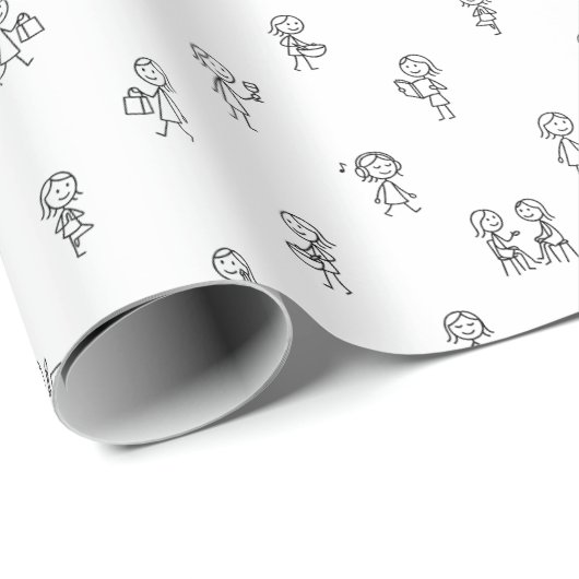 Stick Figure Girls Everyday Life – Black on White Cadeaupapier (Rol Hoek)