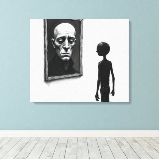 Stick Figure Staring at a Bald Man Portrait Canvas Afdruk (Insitu (Houten vloer))