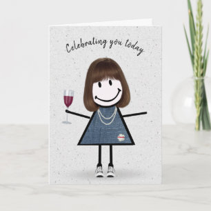 Stick Figure Verjaardagsmeisje met Wijn Glas Kaart