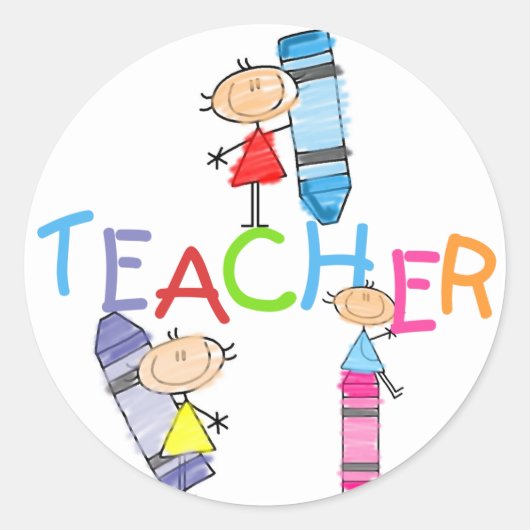 Stick Figures Crayons Teacher Tshirts en Gifts Ronde Sticker (Voorkant)