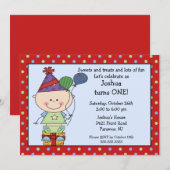 Stick Figuur Baby Boy 1st Birthday Uitnodiging (Voorkant / Achterkant)