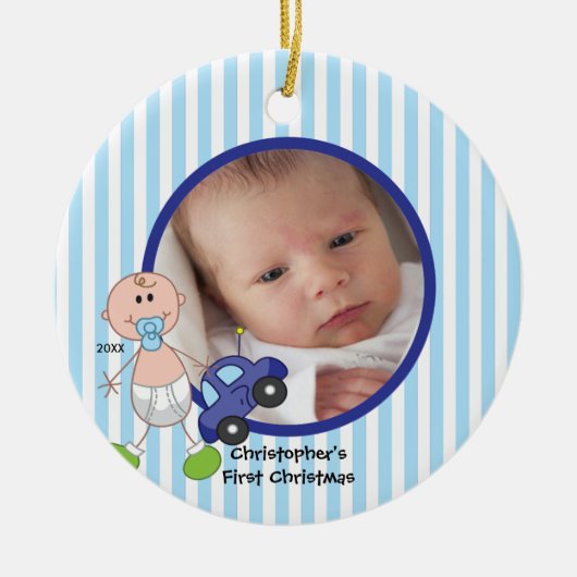 Stick Figuur Baby Boy Foto kerstversiering Keramisch Ornament (Voorkant)