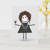 Stick Figuur Birthday Girl met rode wijn Kaart (Gele Bloem)