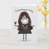 Stick Figuur Birthday Girl met rode wijn Kaart (Gele Bloem)