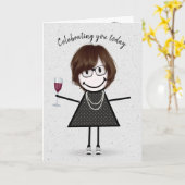 Stick Figuur Birthday Girl met rode wijn Kaart (Gele Bloem)