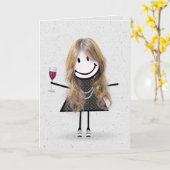 Stick Figuur Birthday Girl met wijn Kaart (Gele Bloem)
