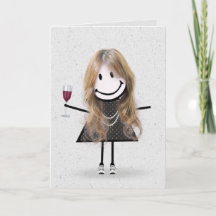Stick Figuur Birthday Girl met wijn Kaart