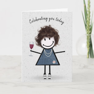 Stick Figuur Birthday Girl met Wine Glass Kaart