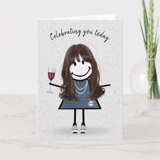 Stick Figuur Birthday Girl met Wine Glass Kaart (Voorkant)
