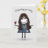 Stick Figuur Birthday Girl met Wine Glass Kaart (Gele Bloem)