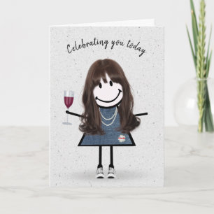 Stick Figuur Birthday Girl met Wine Glass Kaart