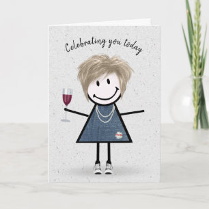 Stick Figuur Birthday Girl met Wine Glass Kaart