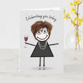Stick Figuur Birthday Girl met Wine Glass Kaart (Gele Bloem)